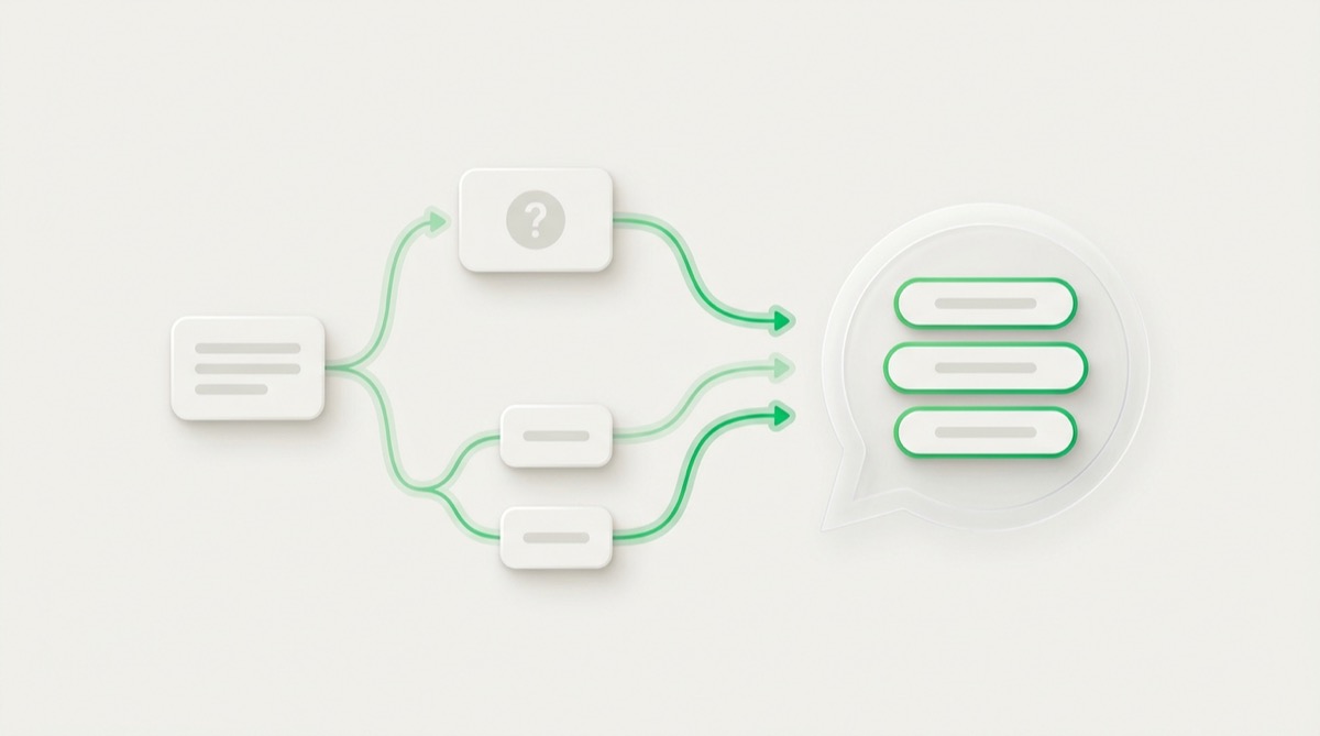 A no-code WhatsApp chatbot flow builder with connected nodes and quick-reply buttons