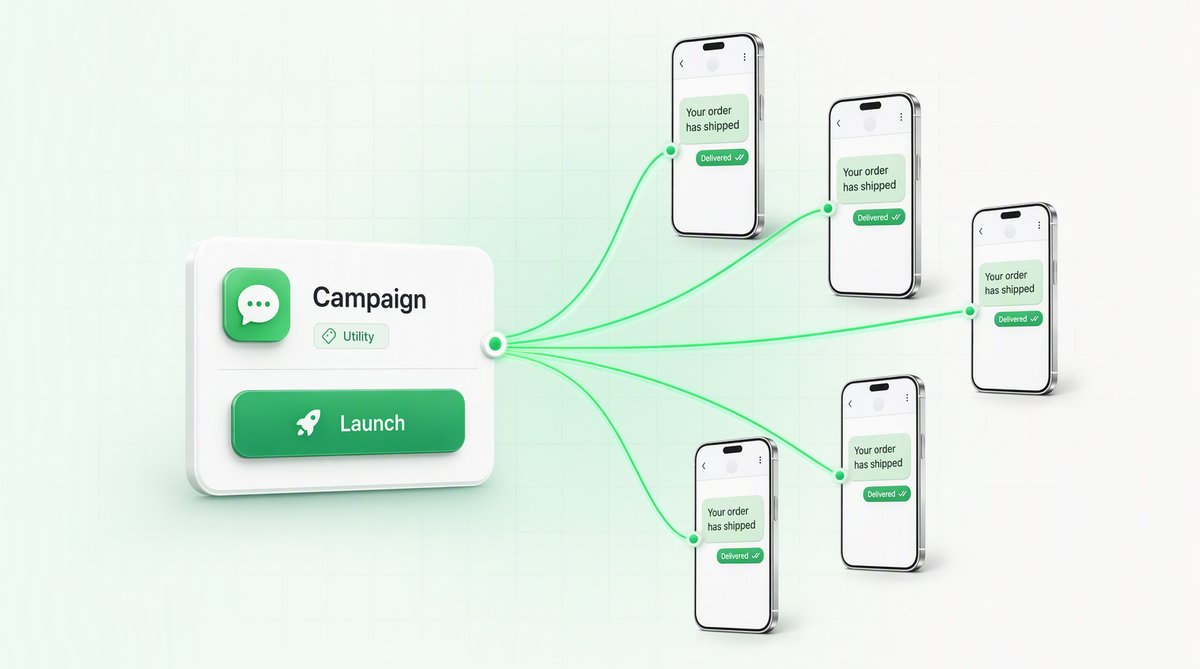 A utility campaign launcher fanning out an order-shipped message to five phones, each marked Delivered