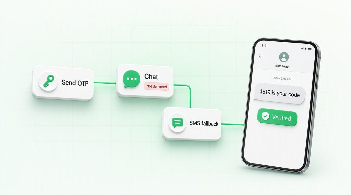 An OTP route where the chat message is not delivered and an automatic SMS fallback delivers code 4819, marked Verified