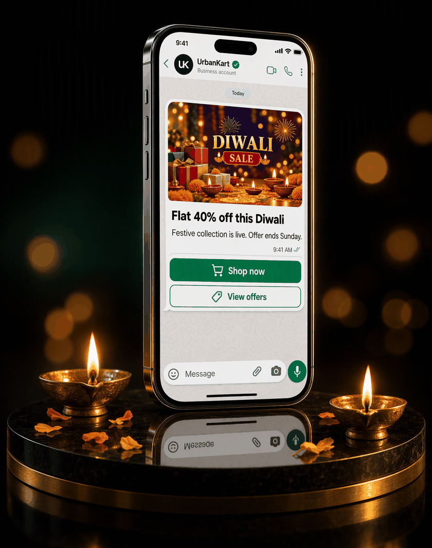 A phone on a black and gold plinth showing a WhatsApp marketing message from UrbanKart: a Diwali Sale banner, Flat 40% off this Diwali, and Shop now and View offers buttons, between two lit brass diyas