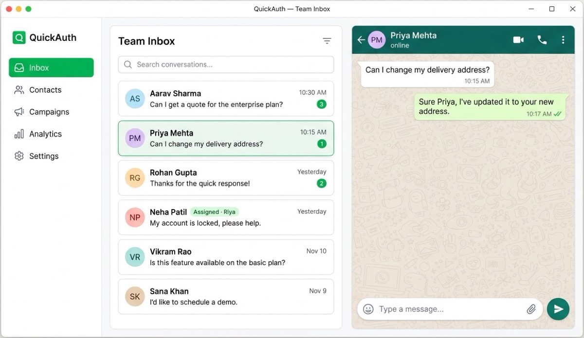 The QuickAuth Team Inbox dashboard — customer WhatsApp conversations with agent assignment, tags and an open chat