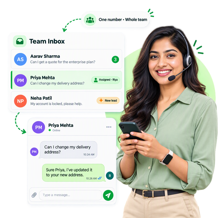 A support agent with a headset next to the QuickAuth Team Inbox — conversations assigned to agents, a new-lead tag and an open customer chat on one shared number