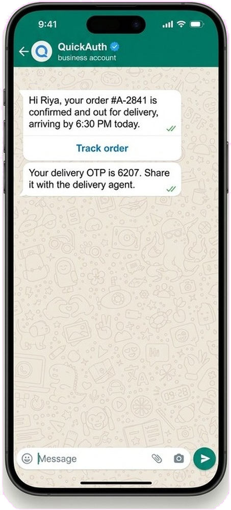 A phone showing a WhatsApp order-confirmation and delivery OTP from a business