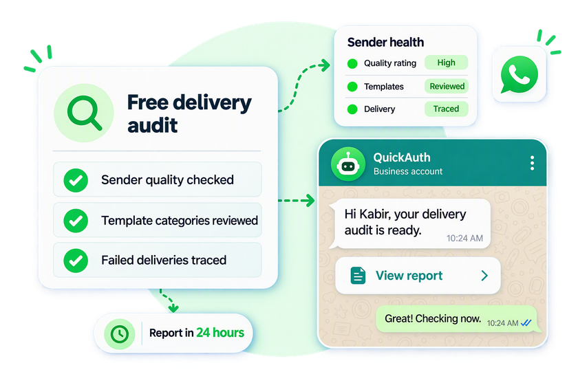 A free delivery audit checklist — sender quality checked, template categories reviewed, failed deliveries traced — with a report in 24 hours, a sender health panel and a WhatsApp message from QuickAuth saying the audit is ready