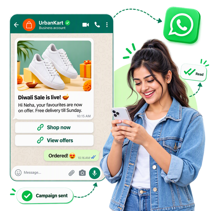 A young woman smiling at an UrbanKart Diwali Sale message on WhatsApp with Shop now and View offers buttons, marked read