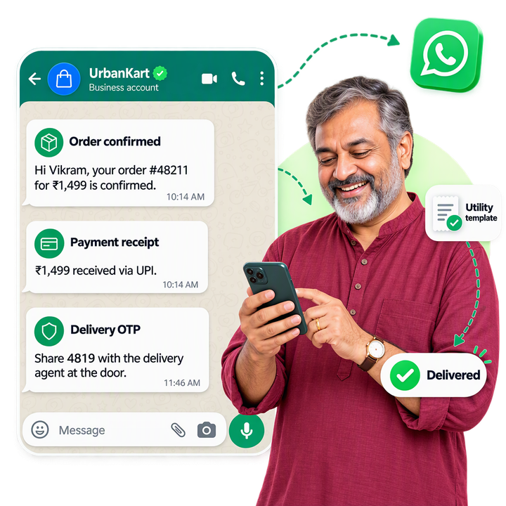 A smiling man reading UrbanKart WhatsApp utility messages: an order confirmation, a UPI payment receipt and a delivery OTP, marked delivered